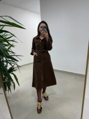 Spt 3246 Uzun Kol Kahve Denim Elbise