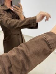 Spt 3246 Uzun Kol Kahve Denim Elbise