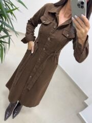 Spt 3246 Uzun Kol Kahve Denim Elbise
