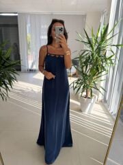 Cr 1074 İndigo Çapraz Askılı Maksiboy Tensel Elbise
