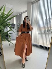 Dr 8260 Tarçın Kemerli Gömlek Elbise