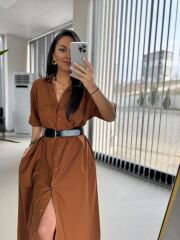 Dr 8260 Tarçın Kemerli Gömlek Elbise