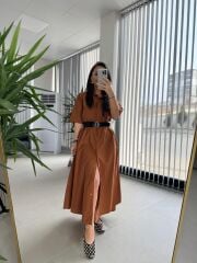 Dr 8260 Tarçın Kemerli Gömlek Elbise