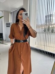 Dr 8260 Tarçın Kemerli Gömlek Elbise