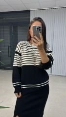 Beyaz Siyah Çizgili Triko Takım