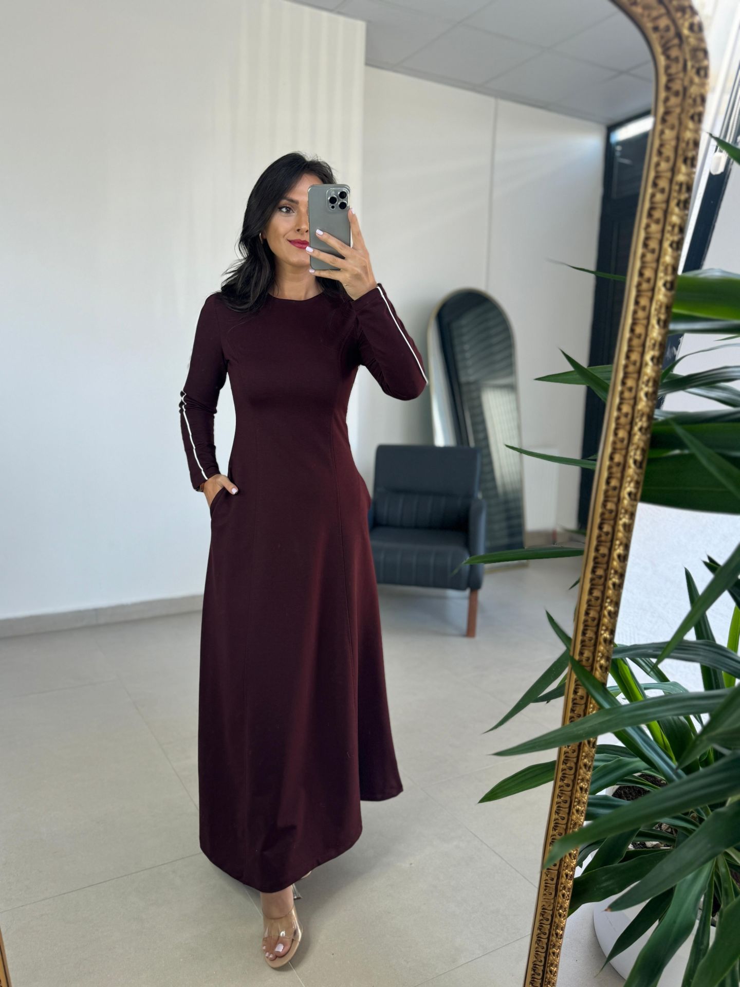 Ms Stripe Transitional Maxi Length Burgundy Dress