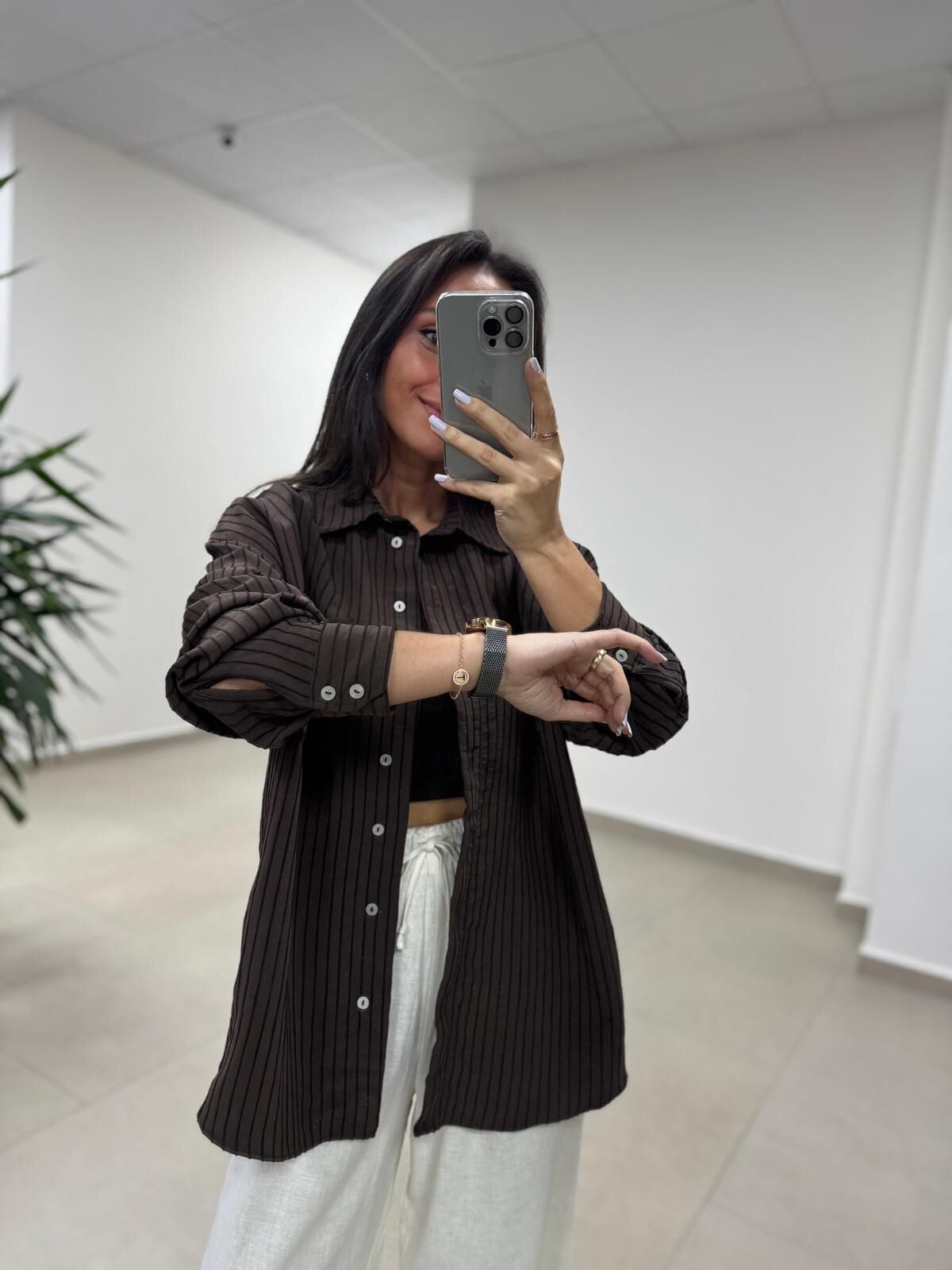 Fp 5000 Tensel Çizgili Kahve Gömlek