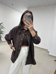 Fp 5000 Tensel Çizgili Kahve Gömlek