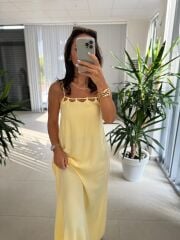 Cr 1074 Sarı Çapraz Askılı Maksiboy Tensel Elbise