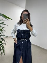 Dr 8621 Beyaz-Laci Bel Büzgülü Denim Elbise