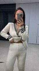 Krem Ceket Hırka Triko Takım