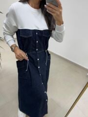 Dr 8621 Beyaz-Laci Bel Büzgülü Denim Elbise