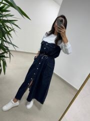Dr 8621 Beyaz-Laci Bel Büzgülü Denim Elbise