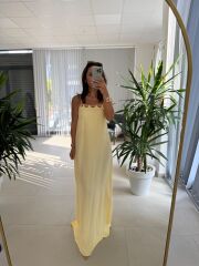 Cr 1074 Sarı Çapraz Askılı Maksiboy Tensel Elbise