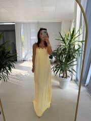 Cr 1074 Sarı Çapraz Askılı Maksiboy Tensel Elbise