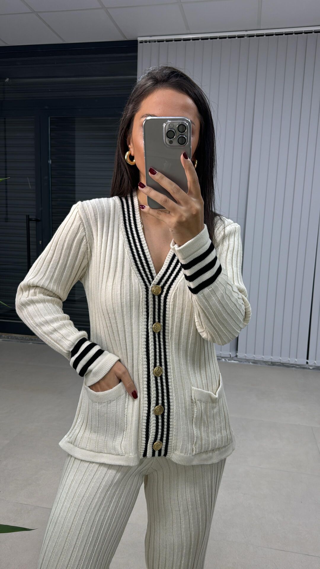 Krem Ceket Hırka Triko Takım