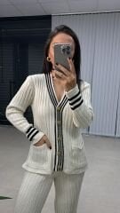 Krem Ceket Hırka Triko Takım