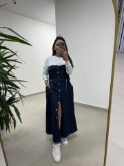 Dr 8621 Beyaz-Laci Bel Büzgülü Denim Elbise