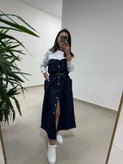 Dr 8621 Beyaz-Laci Bel Büzgülü Denim Elbise