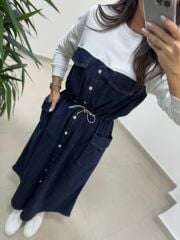 Dr 8621 Beyaz-Laci Bel Büzgülü Denim Elbise