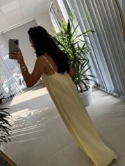 Cr 1074 Sarı Çapraz Askılı Maksiboy Tensel Elbise