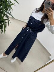 Dr 8621 Beyaz-Laci Bel Büzgülü Denim Elbise