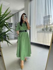 Dr 8260 Yeşil Kemerli Gömlek Elbise