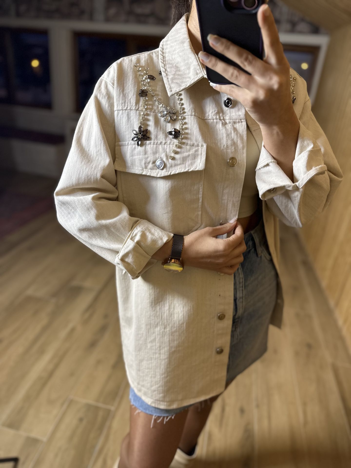 Denim işlemeli gömlek ceket
