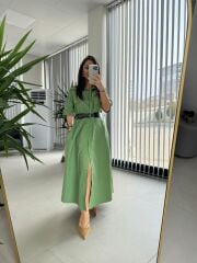 Dr 8260 Yeşil Kemerli Gömlek Elbise