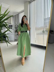 Dr 8260 Yeşil Kemerli Gömlek Elbise