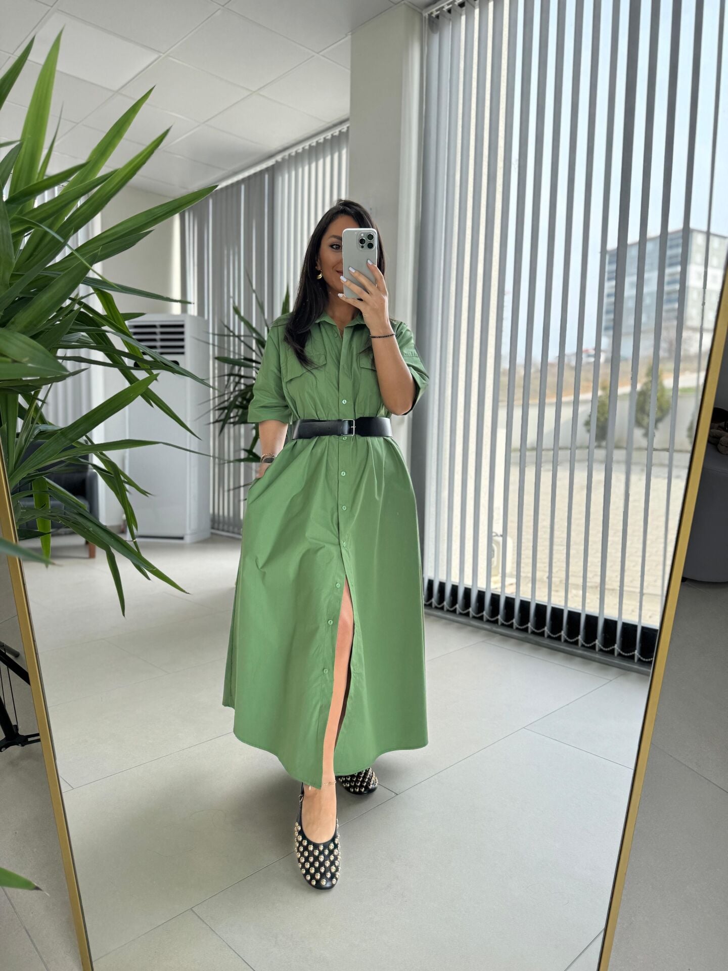 Dr 8260 Yeşil Kemerli Gömlek Elbise