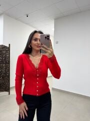 Nar Çiçeği Dantel Geçişli Hırka