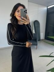 Ms Şerit Geçişli Maxi Boy Siyah Elbise