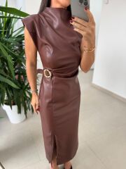 Ny 3042 A. Kahve Omuz Vatkalı Drapeli Deri Elbise
