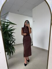 Ny 3042 A. Kahve Omuz Vatkalı Drapeli Deri Elbise