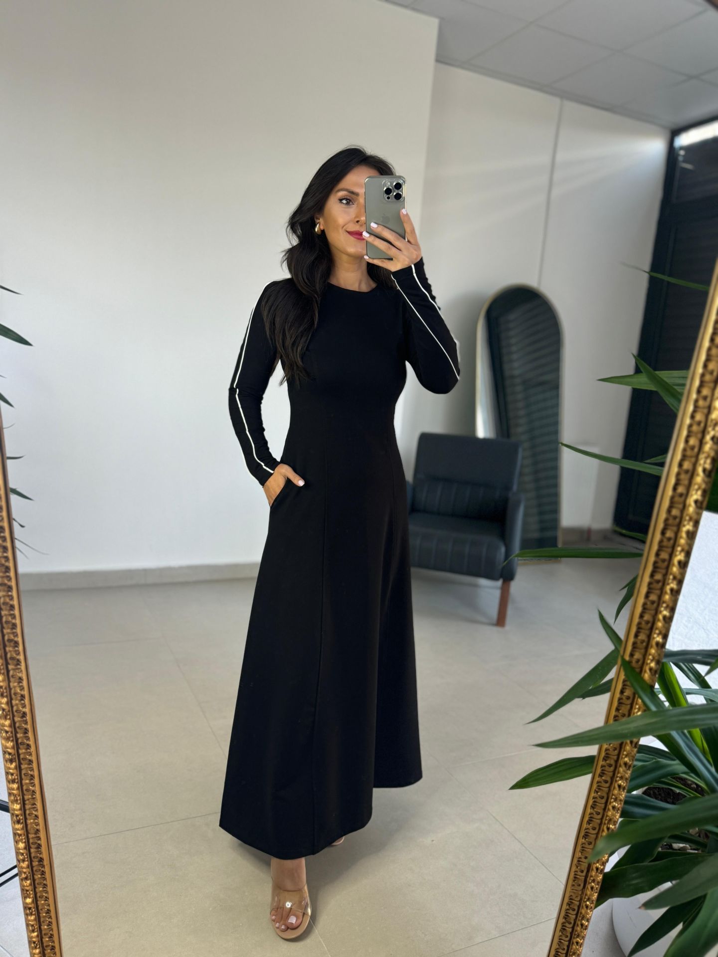 Ms Stripe Transitional Maxi Length Black Dress