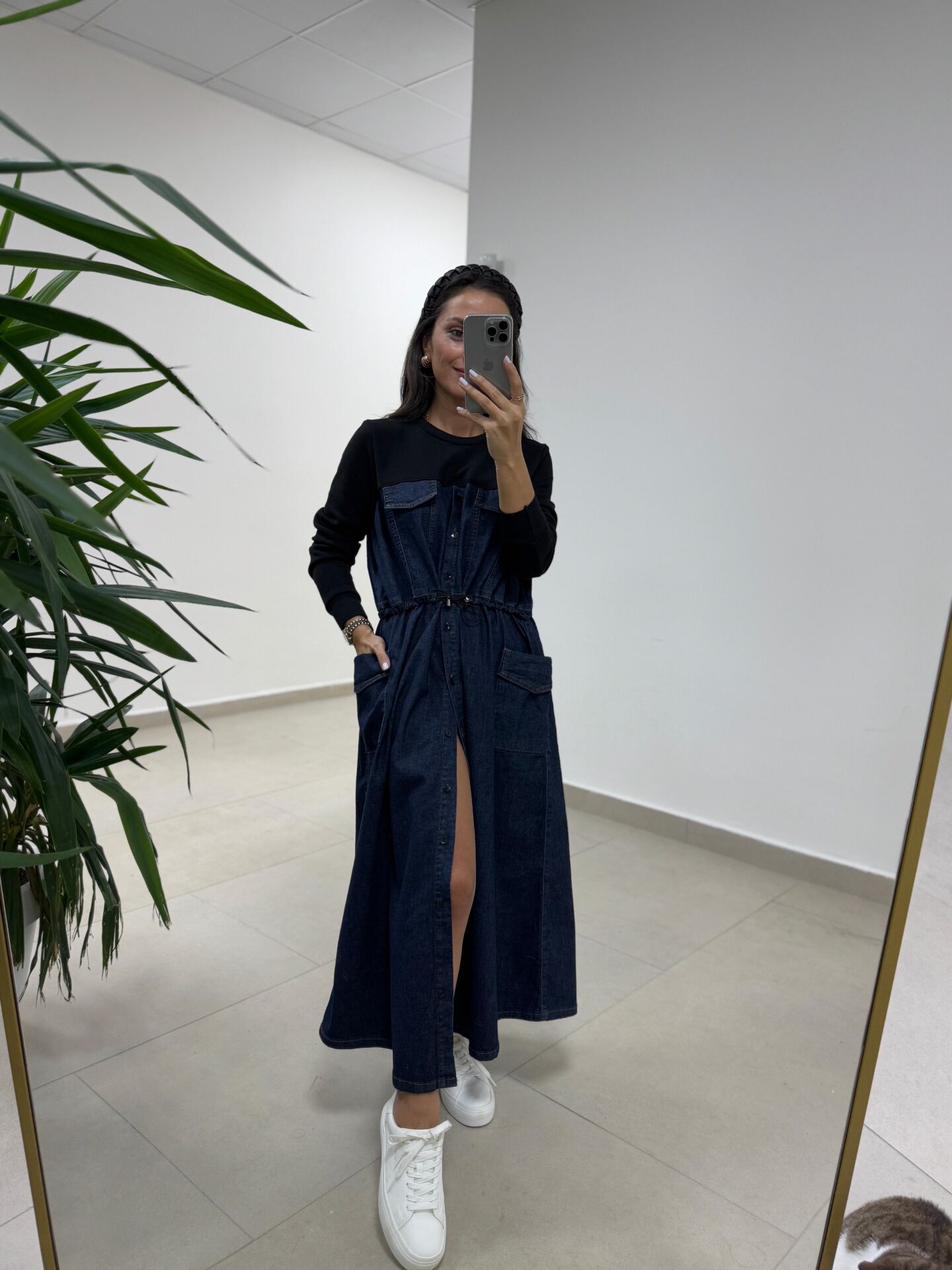 Dr 8621 Siyah-Laci Bel Büzgülü Denim Elbise