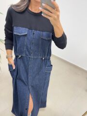 Dr 8621 Siyah-Laci Bel Büzgülü Denim Elbise