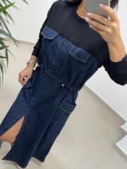 Dr 8621 Siyah-Laci Bel Büzgülü Denim Elbise