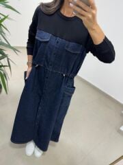 Dr 8621 Siyah-Laci Bel Büzgülü Denim Elbise