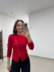 Po 2738 Elit İplik Çapraz Düğmeli T Uzun Kollu Kırmızı Triko