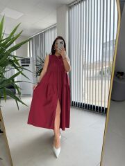 Cr 1638 Bordo Hakim Yaka Gömlek Elbise