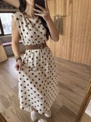 Kahve Puantiyeli Vatkalı Keten Elbise L
