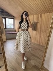 Kahve Puantiyeli Vatkalı Keten Elbise