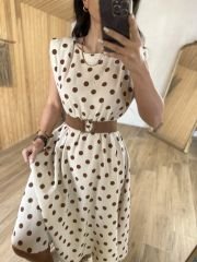 Kahve Puantiyeli Vatkalı Keten Elbise L
