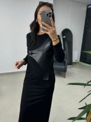 Ms Tasarım Deri Detaylı Kalem Elbise