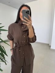 Fp 51298 Gold Kare Düğmeli Tensel Kahve Takım