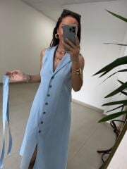 Mz 23136 Bebe Mavi Pamuk Keten Ceket Yaka Gömlek Elbise