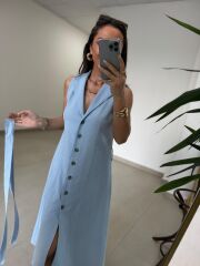 Mz 23136 Bebe Mavi Pamuk Keten Ceket Yaka Gömlek Elbise
