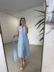 Mz 23136 Bebe Mavi Pamuk Keten Ceket Yaka Gömlek Elbise